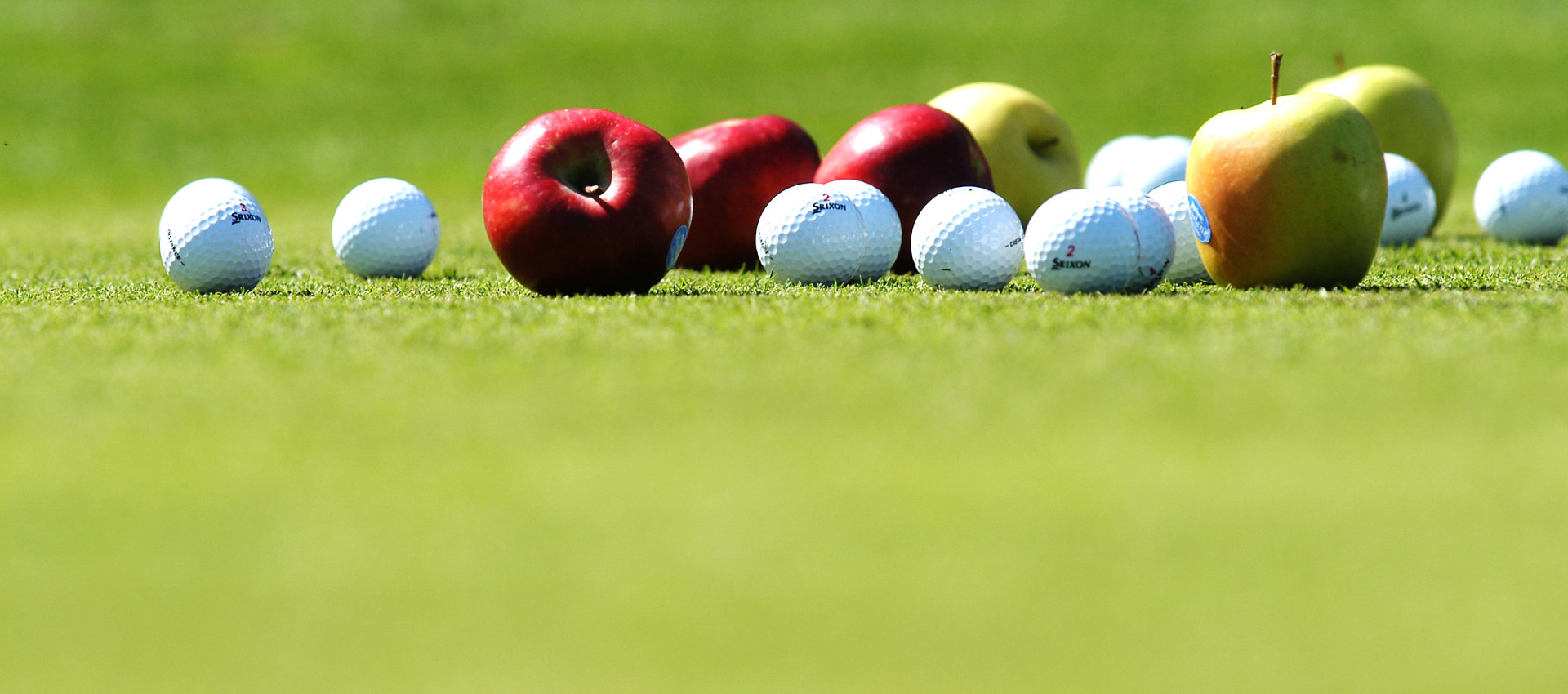 Äpfel und Golfbälle auf dem Rasen des Golfclub Lana in Südtirol